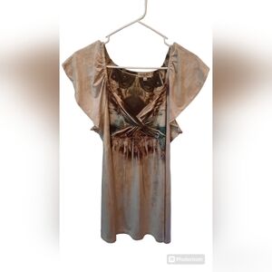 One World Tan/Brown Flutter Sleeve V-neck Blouse size Medium